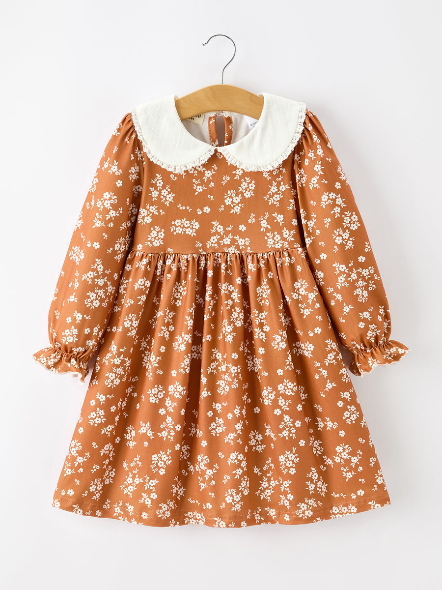 Fall Girls Rust Floral Lace Trim Peter Pan Collar Dress