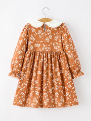 Fall Girls Rust Floral Lace Trim Peter Pan Collar Dress