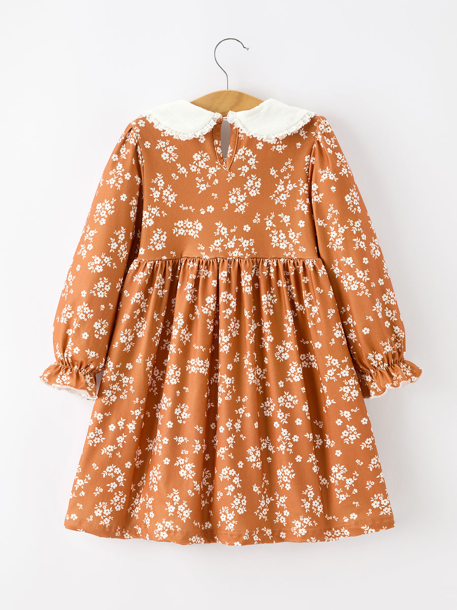 Fall Girls Rust Floral Lace Trim Peter Pan Collar Dress