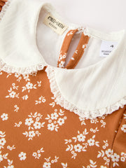 Fall Girls Rust Floral Lace Trim Peter Pan Collar Dress
