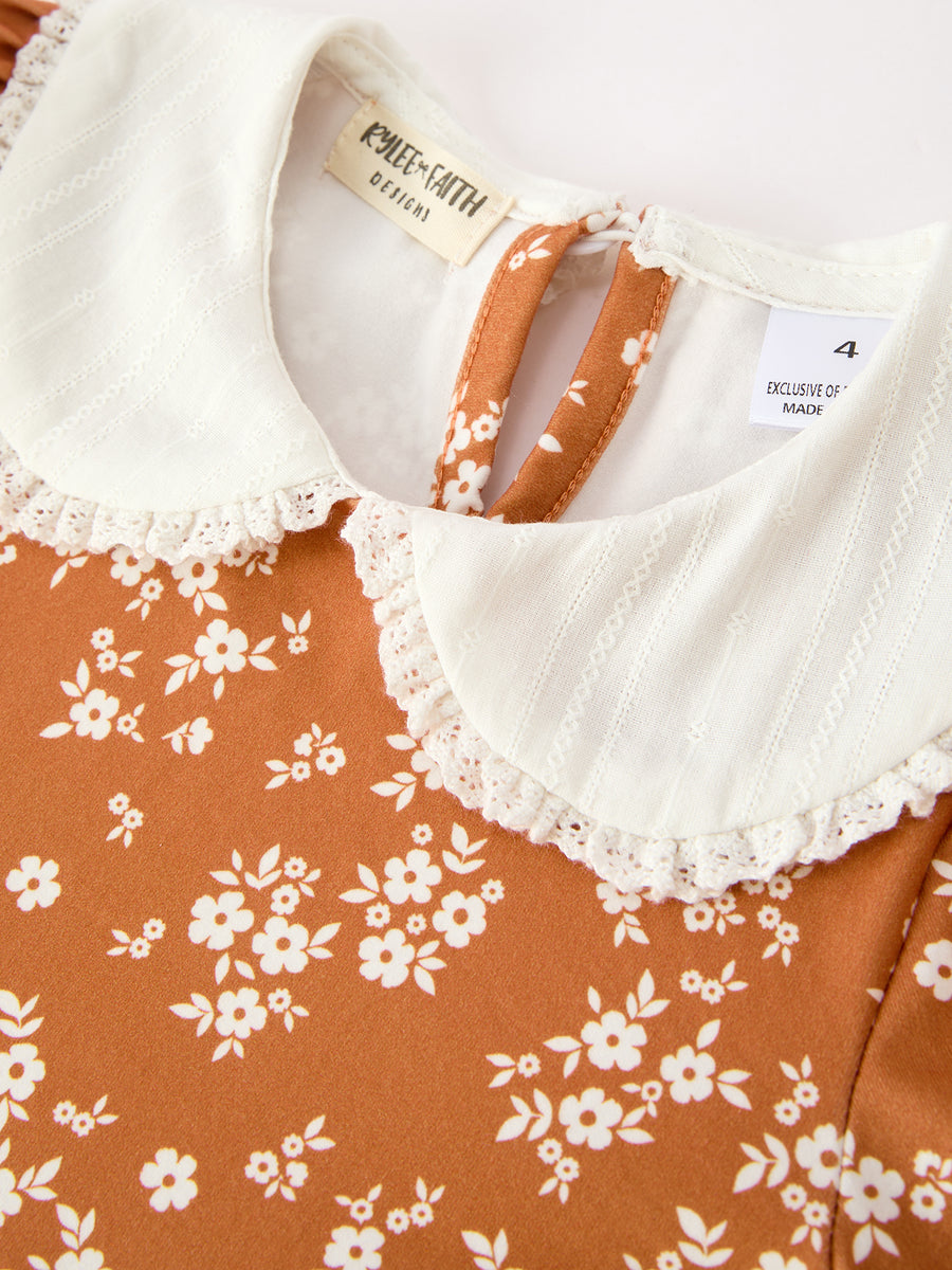Fall Girls Rust Floral Lace Trim Peter Pan Collar Dress