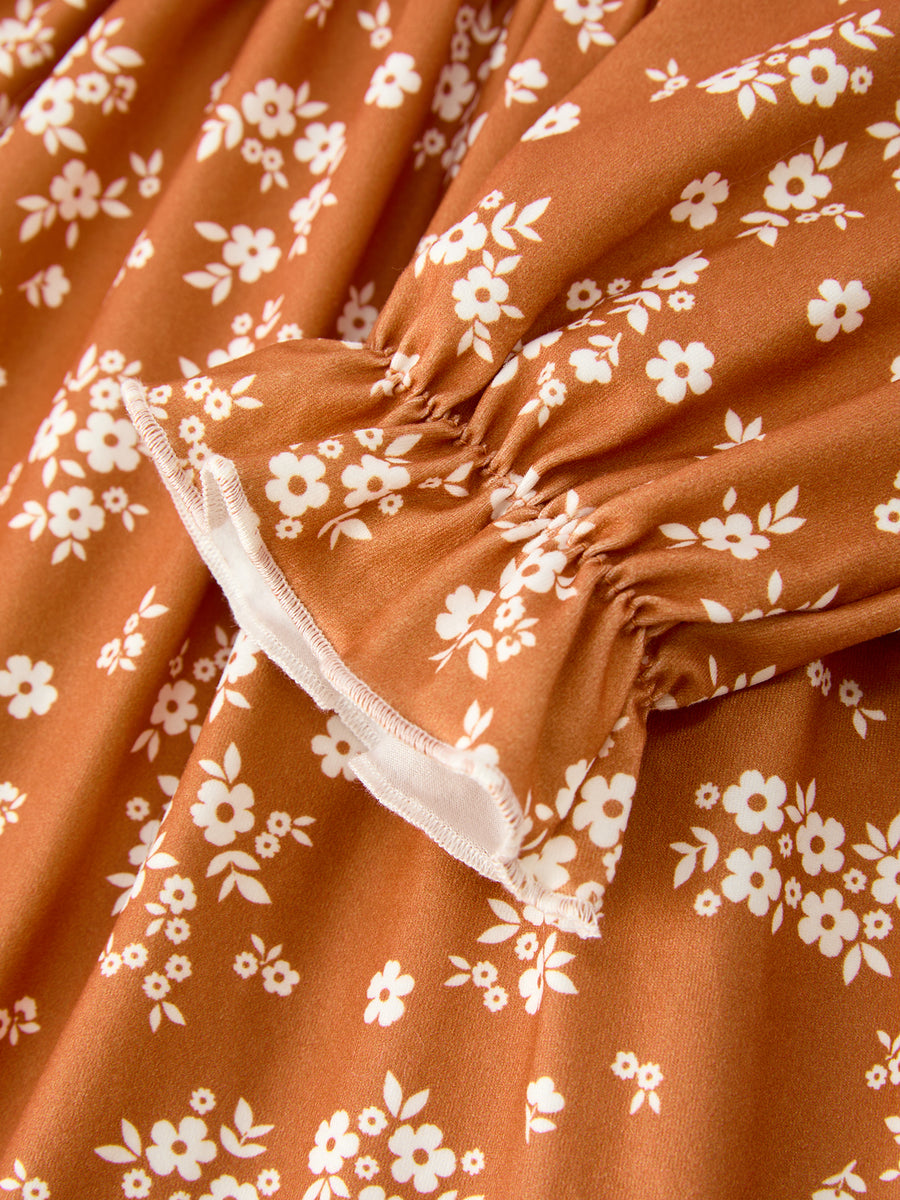 Fall Girls Rust Floral Lace Trim Peter Pan Collar Dress