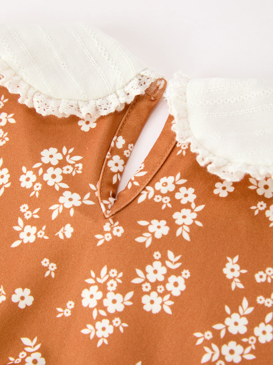 Fall Girls Rust Floral Lace Trim Peter Pan Collar Dress