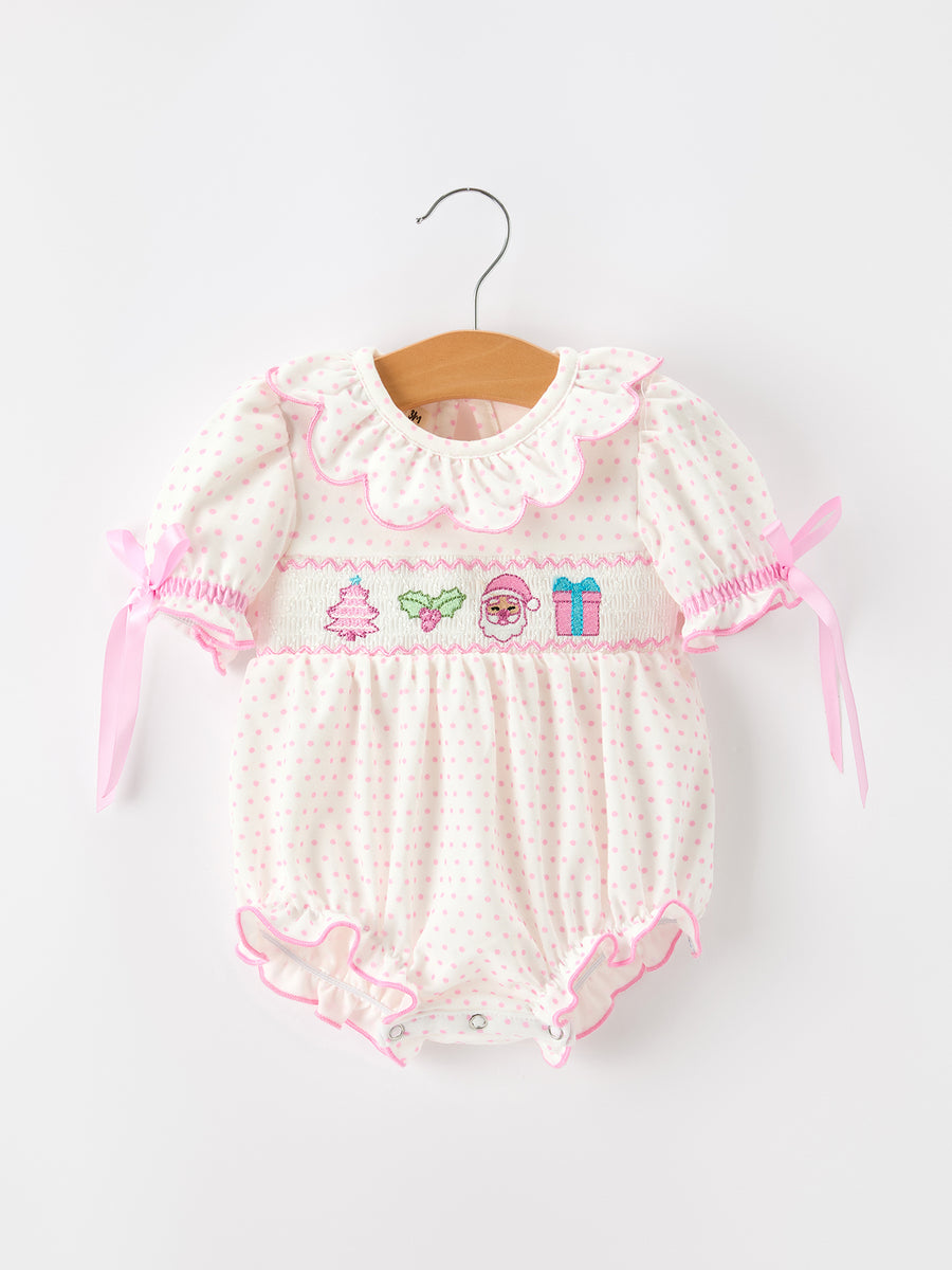 Christmas Smocked Baby Girl Bubble Romper Embroidered Ruffle Collar
