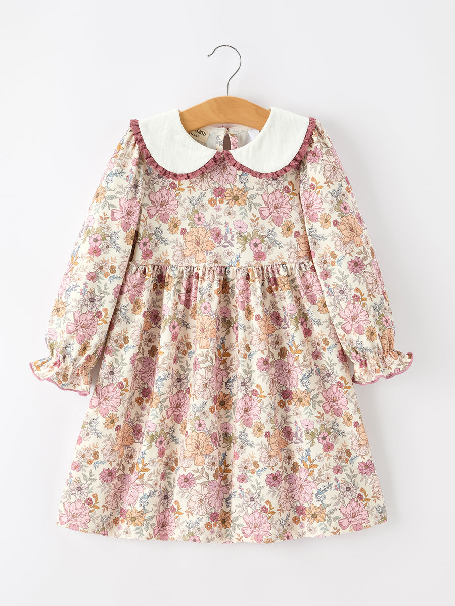 Fall Girls Floral Lace Trim Peter Pan Collar Dress