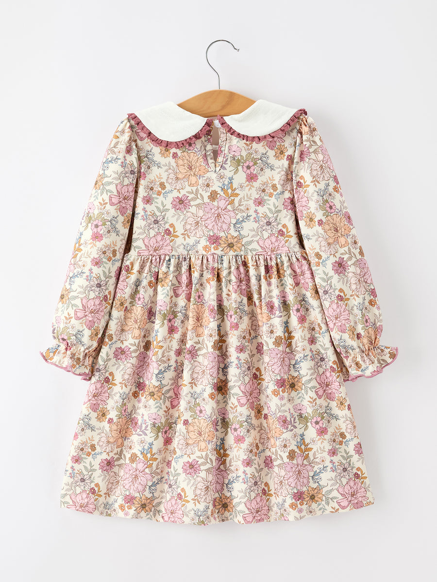 Fall Girls Floral Lace Trim Peter Pan Collar Dress