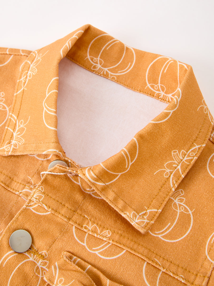 Fall Girls Pumpkin Print Bow Denim Jacket