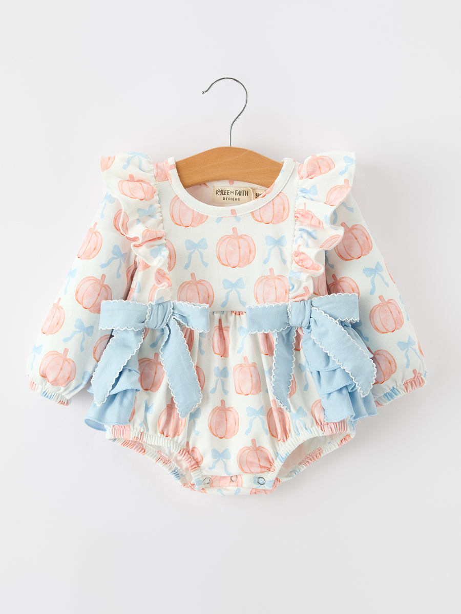 Halloween Thanksgiving Baby Girls Pumpkin Bow Ruffle Bubble Romper