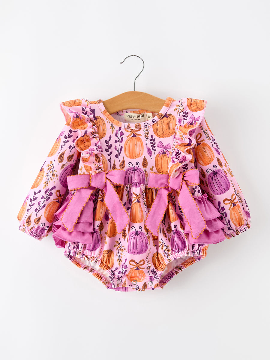 Halloween Thanksgiving Pumpkin Girls Romper with Ruffle Bow