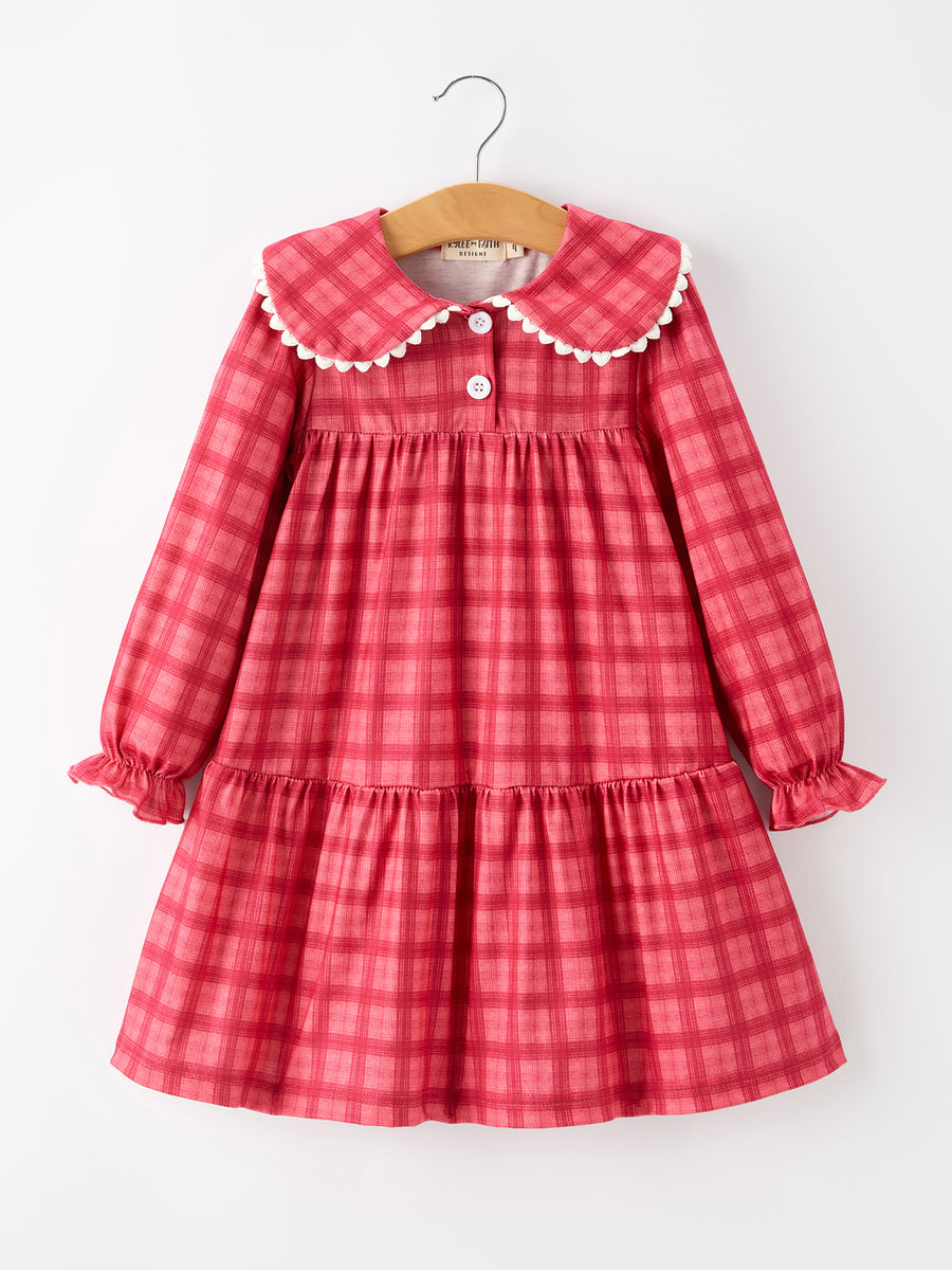 Girls Coral Red Plaid Scallop Peter Pan Collar Dress