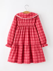Girls Coral Red Plaid Scallop Peter Pan Collar Dress