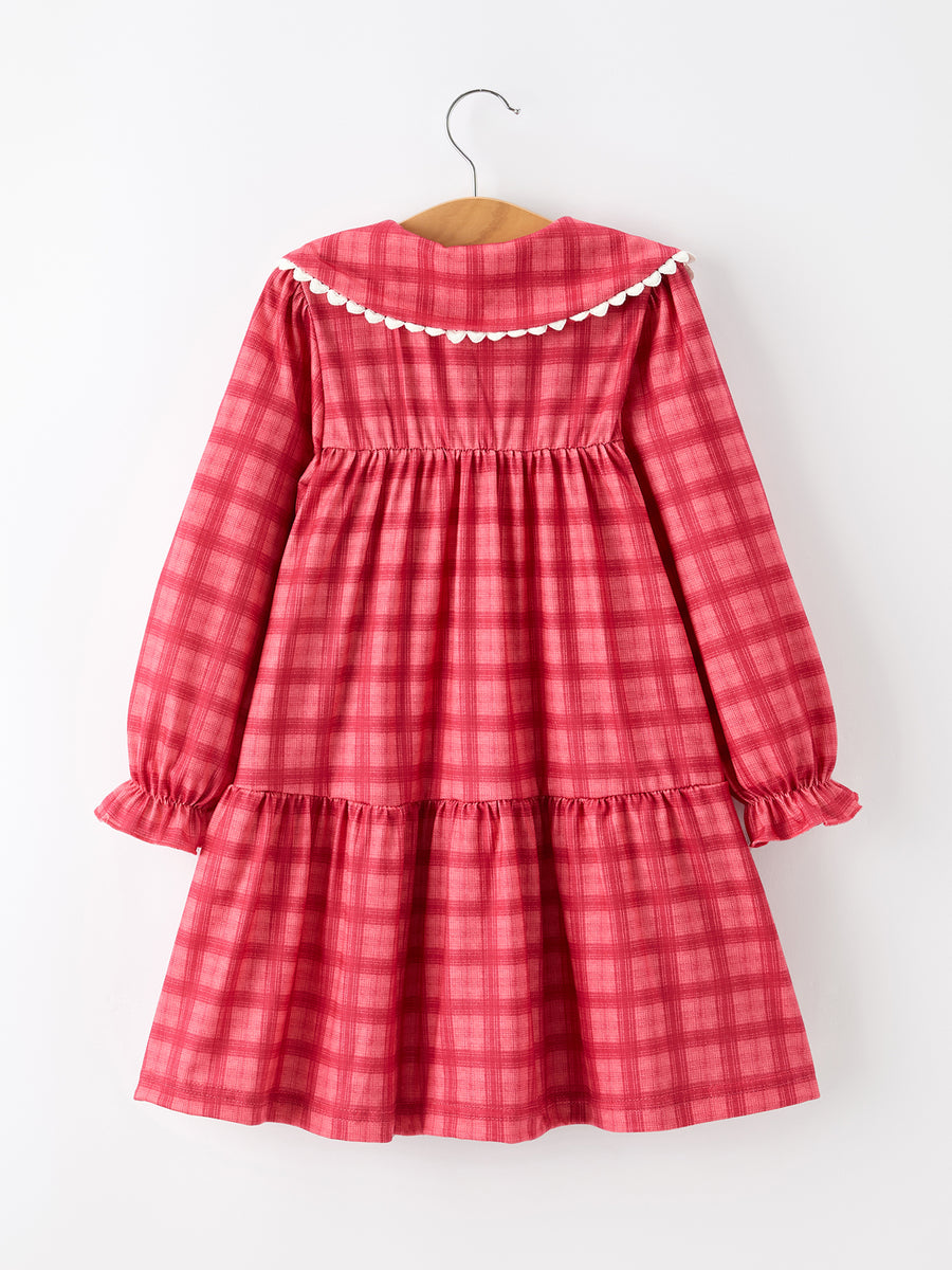 Girls Coral Red Plaid Scallop Peter Pan Collar Dress