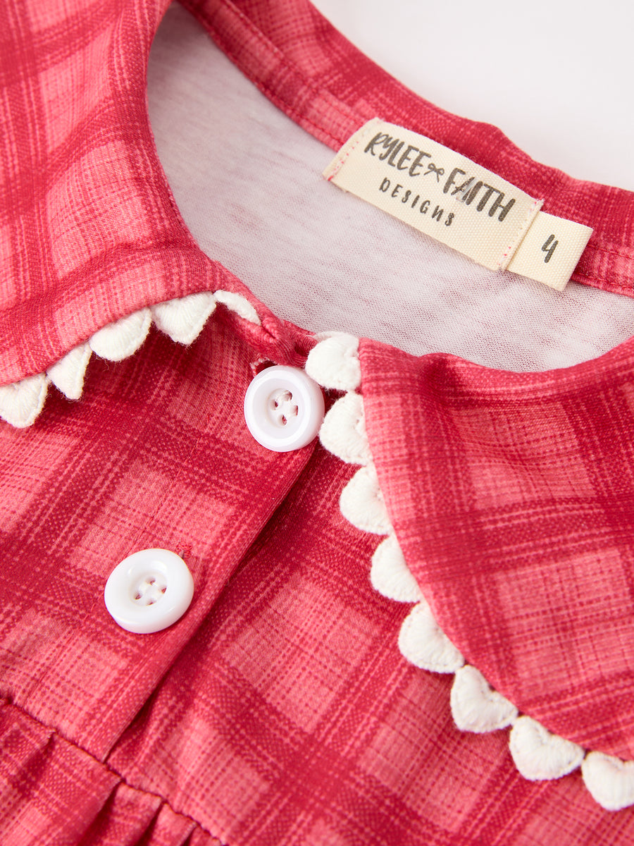 Girls Coral Red Plaid Scallop Peter Pan Collar Dress
