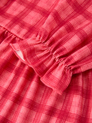 Girls Coral Red Plaid Scallop Peter Pan Collar Dress