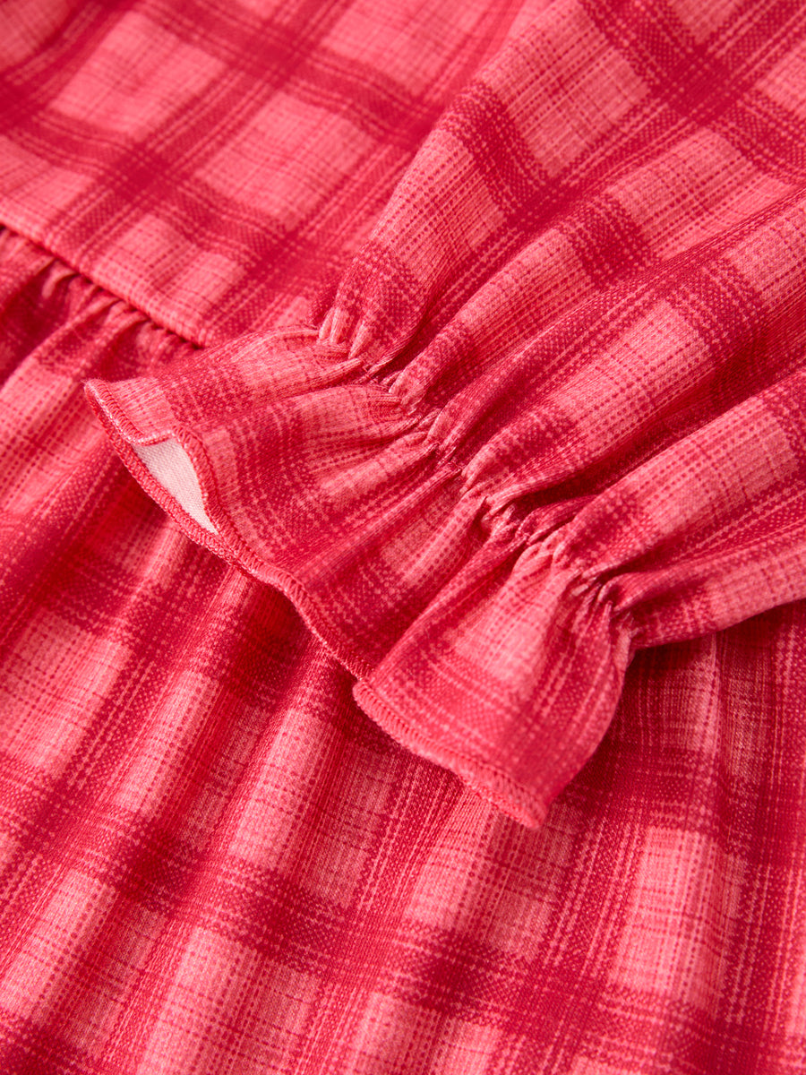 Girls Coral Red Plaid Scallop Peter Pan Collar Dress