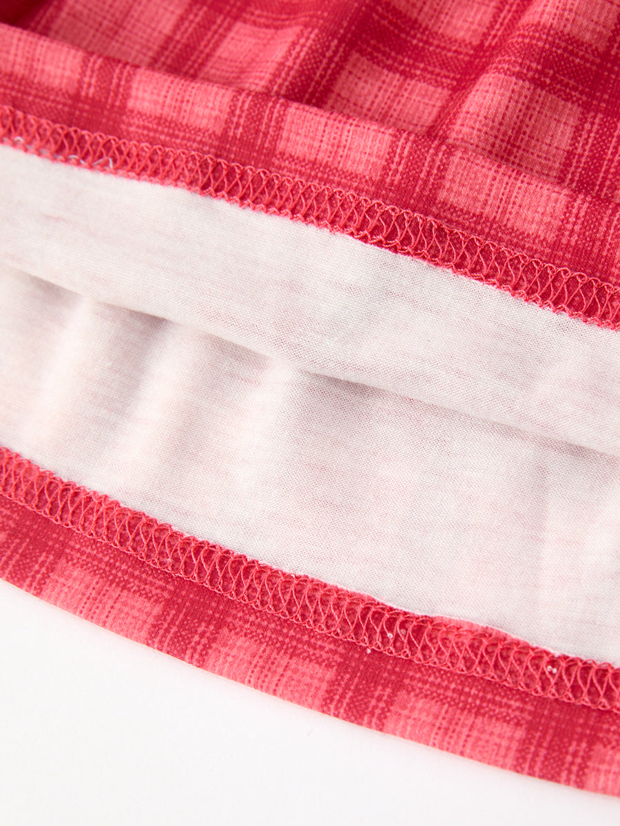 Girls Coral Red Plaid Scallop Peter Pan Collar Dress