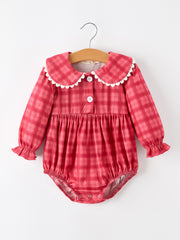 Baby Girls Coral Red Plaid Peter Pan Collar Romper