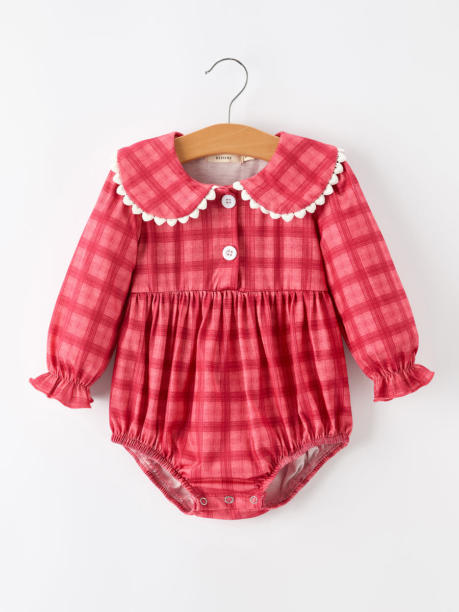 Baby Girls Coral Red Plaid Peter Pan Collar Romper