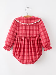 Baby Girls Coral Red Plaid Peter Pan Collar Romper