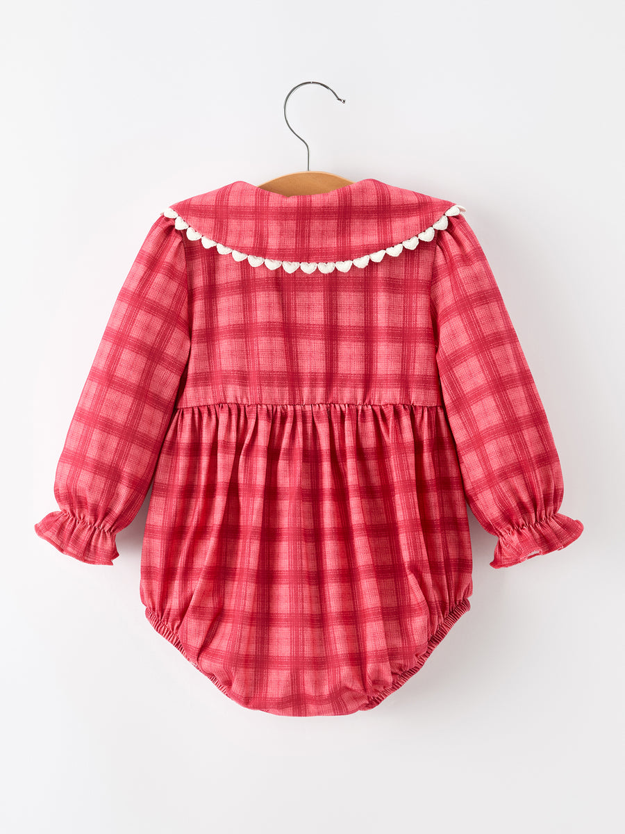 Baby Girls Coral Red Plaid Peter Pan Collar Romper