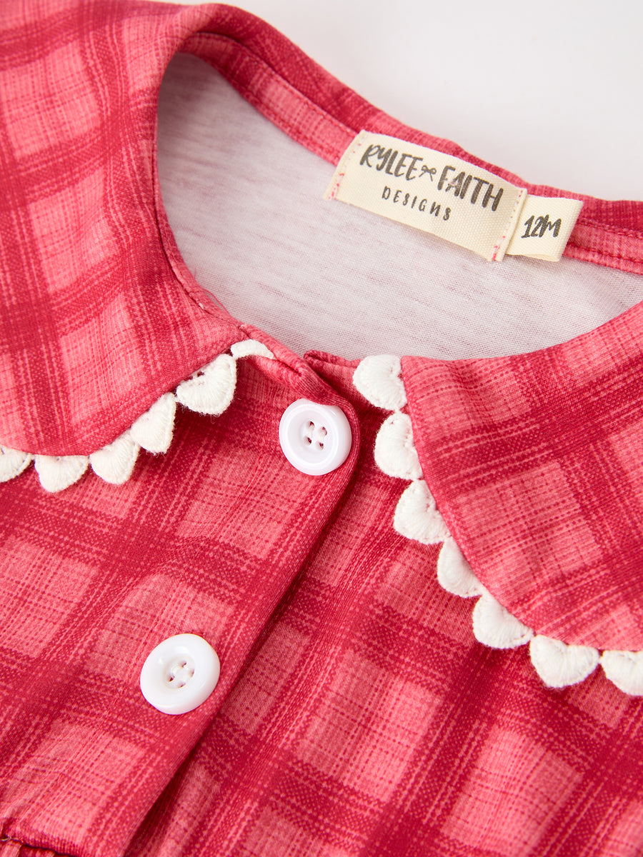 Baby Girls Coral Red Plaid Peter Pan Collar Romper