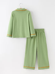 Fall Green Kids Pajamas Set Pumpkin Embroidery Button Sleepwear