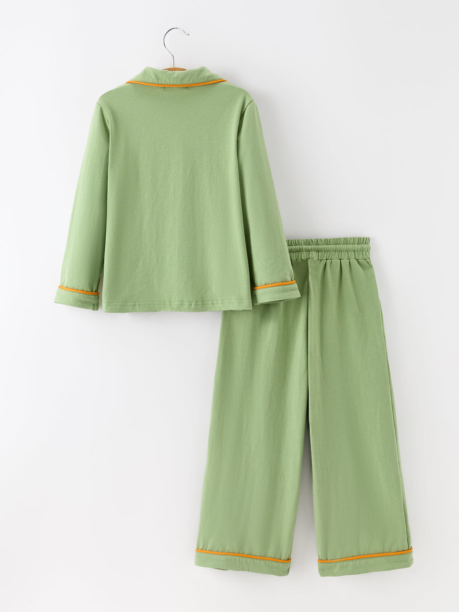 Fall Green Kids Pajamas Set Pumpkin Embroidery Button Sleepwear