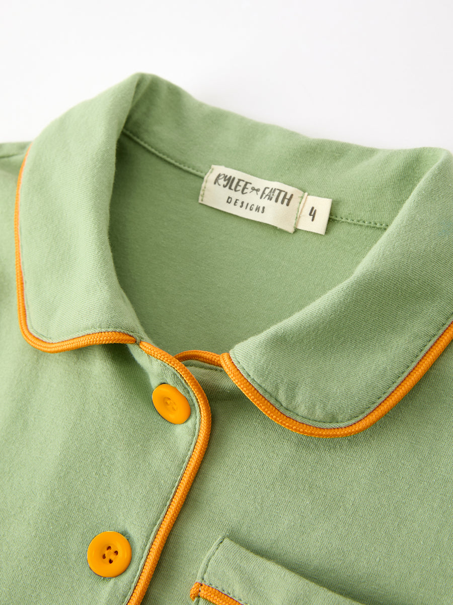 Fall Green Kids Pajamas Set Pumpkin Embroidery Button Sleepwear