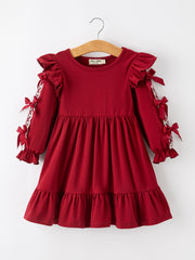 Christmas Girls Red Lace Bow Ruffle Dress