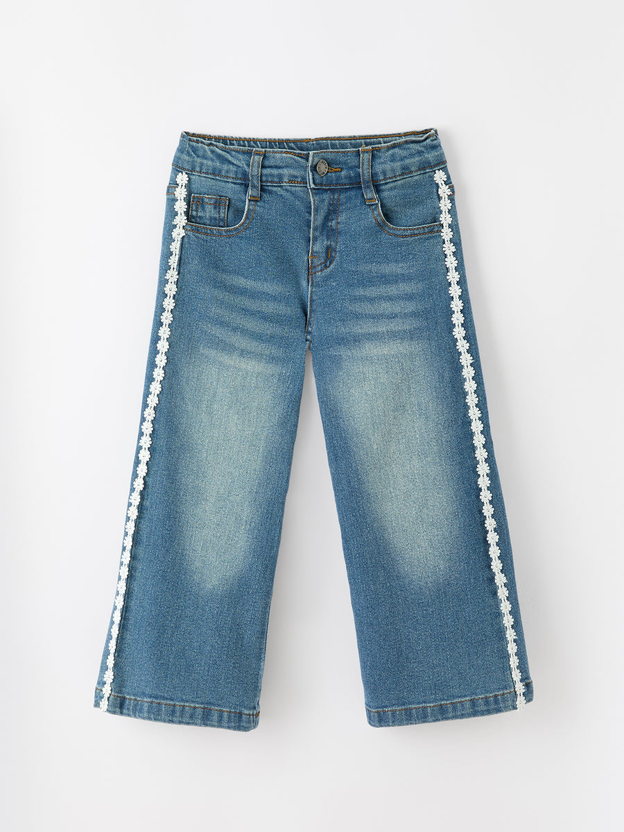 Girls Denim Daisy Lace Trim Wide Leg Jeans