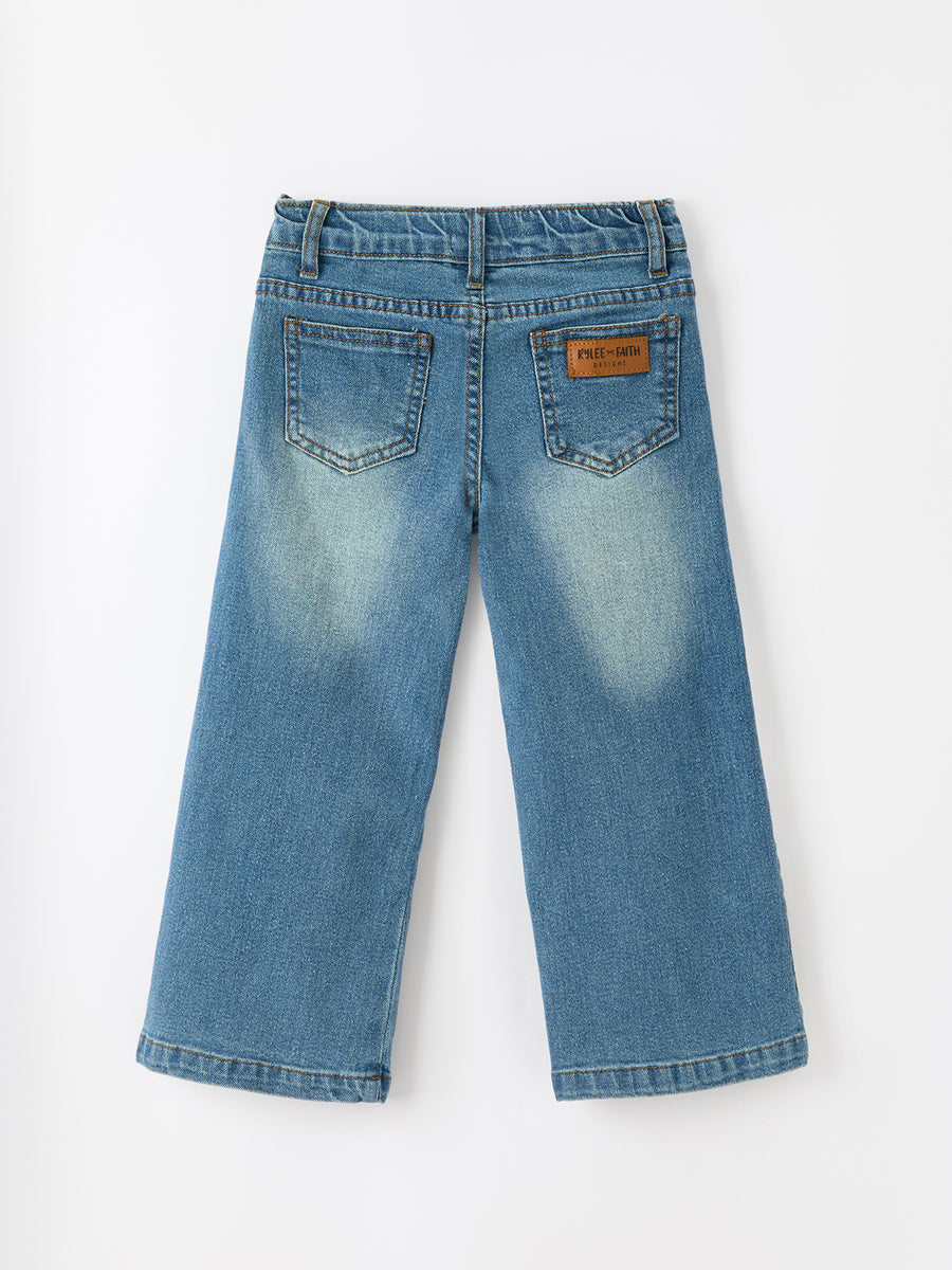 Girls Denim Daisy Lace Trim Wide Leg Jeans