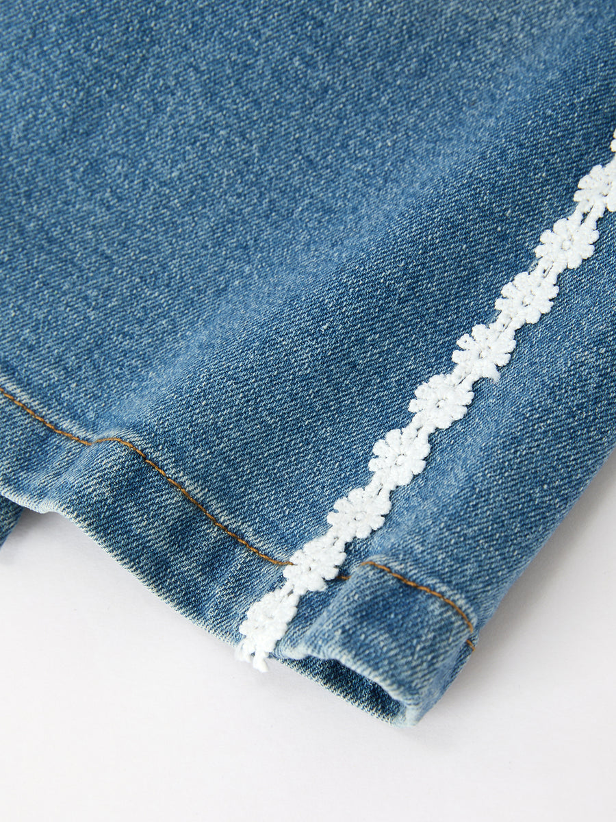 Girls Denim Daisy Lace Trim Wide Leg Jeans