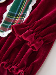 Baby Girls Christmas Burgundy Velvet Plaid Bow Romper