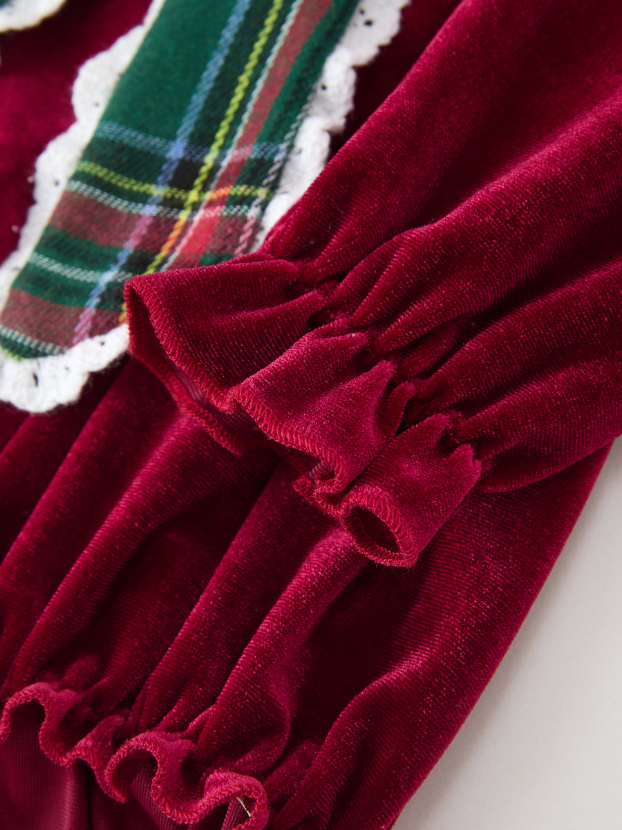 Baby Girls Christmas Burgundy Velvet Plaid Bow Romper