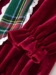 Girls Christmas Burgundy Velvet Plaid Bow Dress