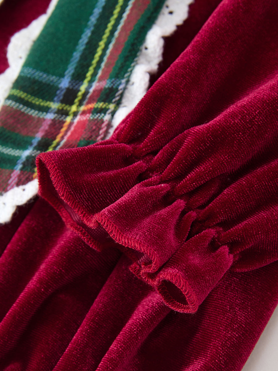 Girls Christmas Burgundy Velvet Plaid Bow Dress