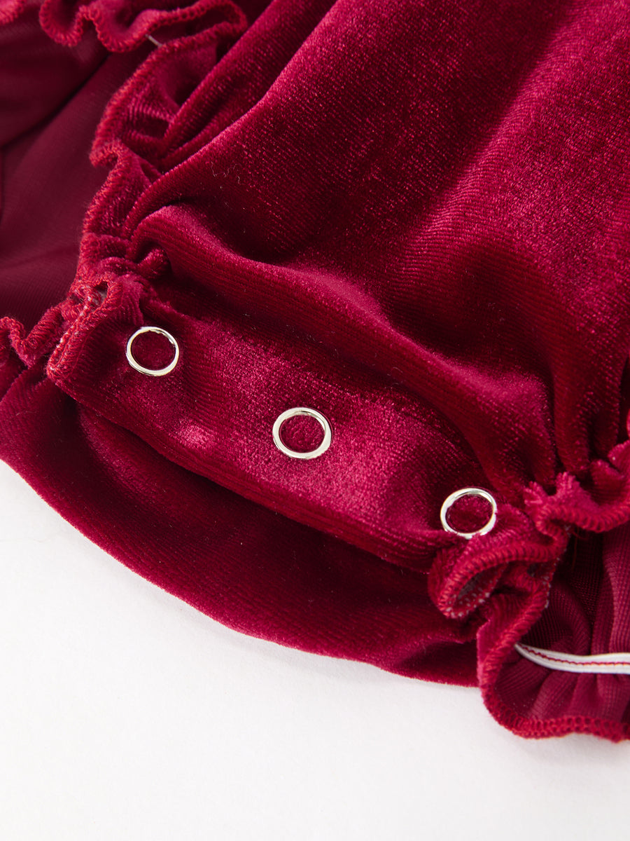 Baby Girls Christmas Burgundy Velvet Plaid Bow Romper