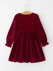 Girls Christmas Burgundy Velvet Plaid Bow Dress