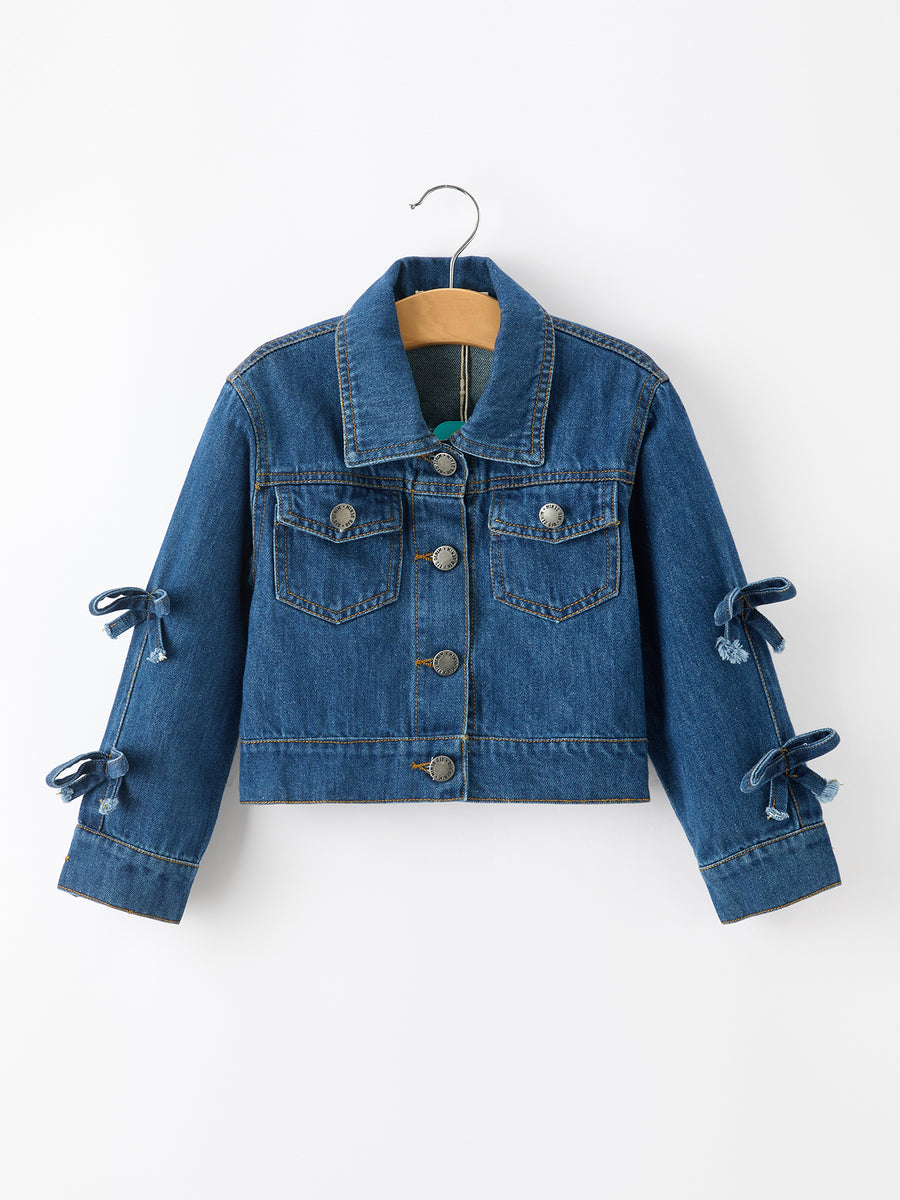 Girls Denim Bow Sleeve Button-Front Jacket