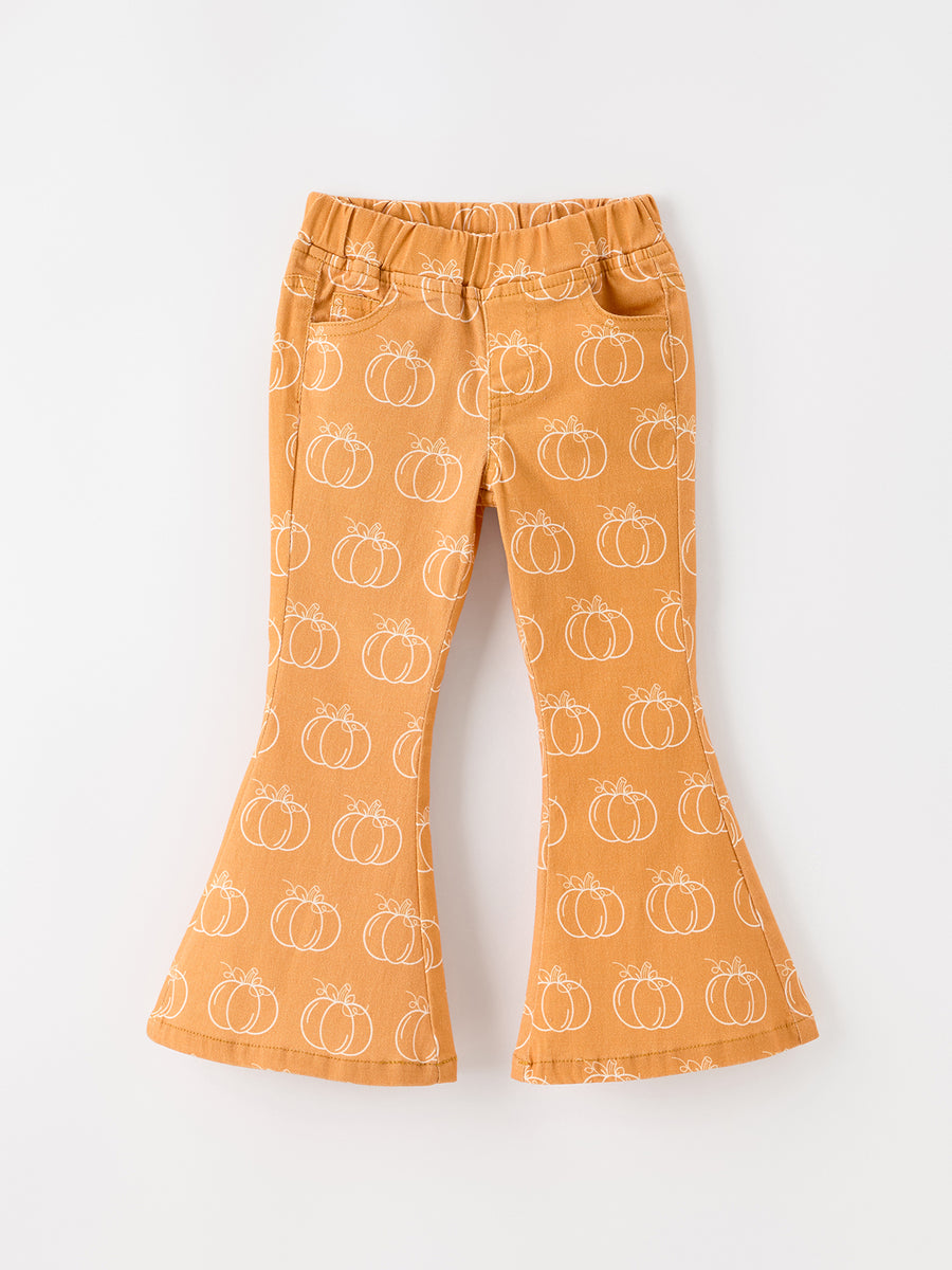 Fall Girls Pumpkin Bow Bell Bottom Pants