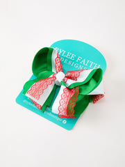 Christmas Red Lace Green Layered Bow Hair Clip 6.3 Inches