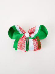 Christmas Red Lace Green Layered Bow Hair Clip 6.3 Inches