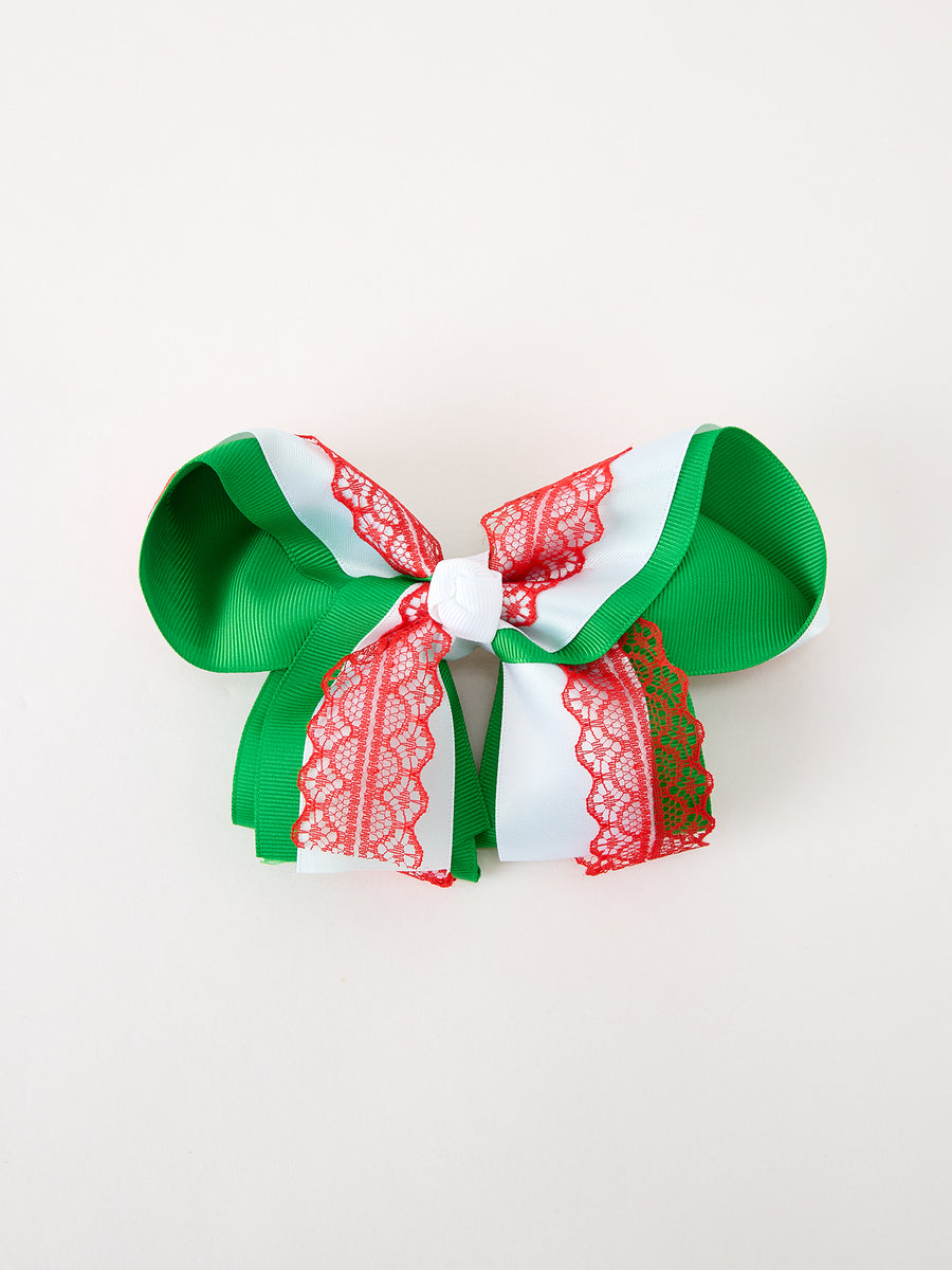 Christmas Red Lace Green Layered Bow Hair Clip 6.3 Inches
