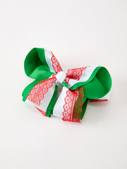 Christmas Red Lace Green Layered Bow Hair Clip 6.3 Inches