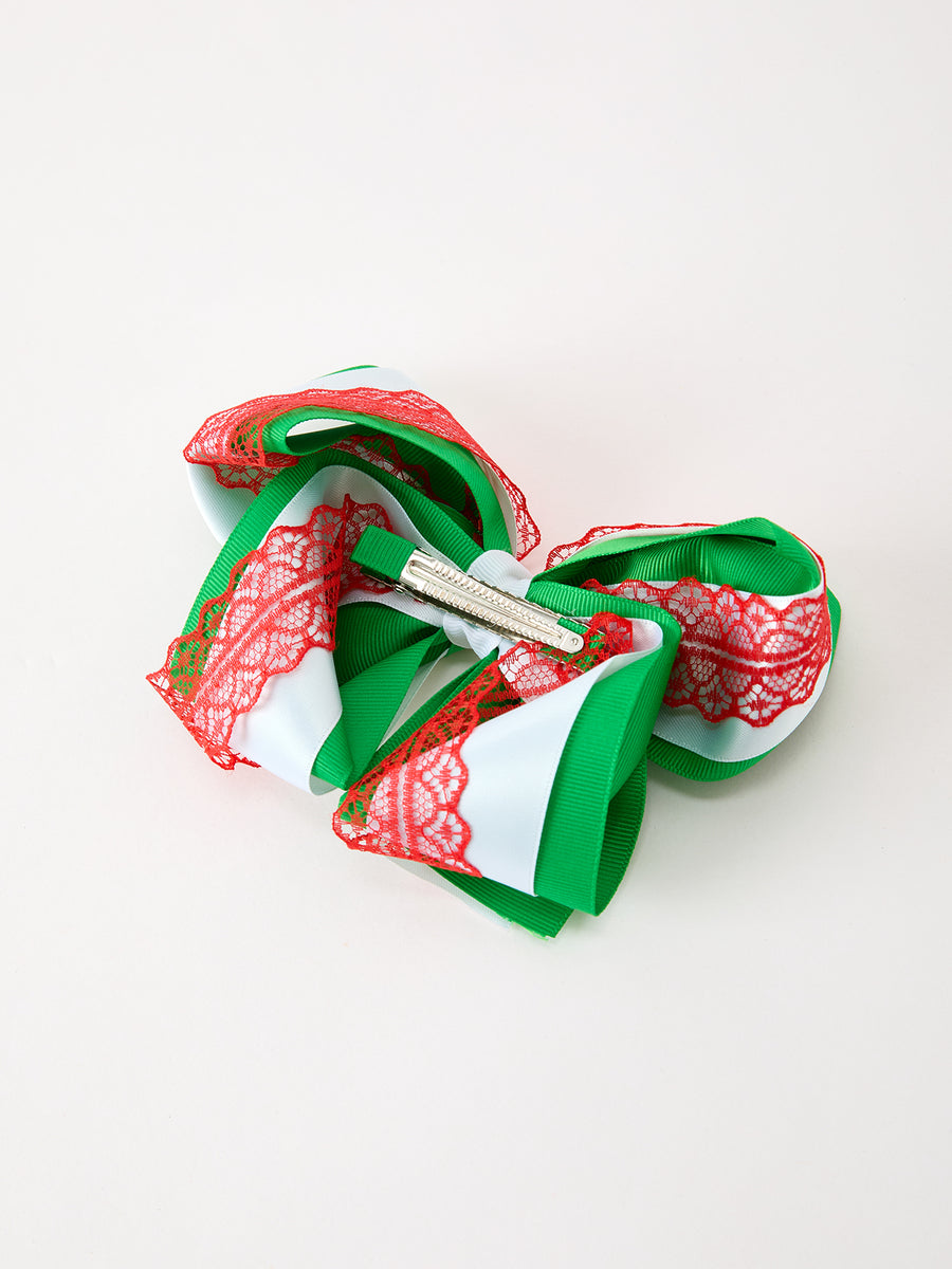 Christmas Red Lace Green Layered Bow Hair Clip 6.3 Inches