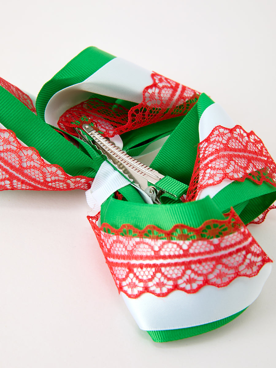 Christmas Red Lace Green Layered Bow Hair Clip 6.3 Inches