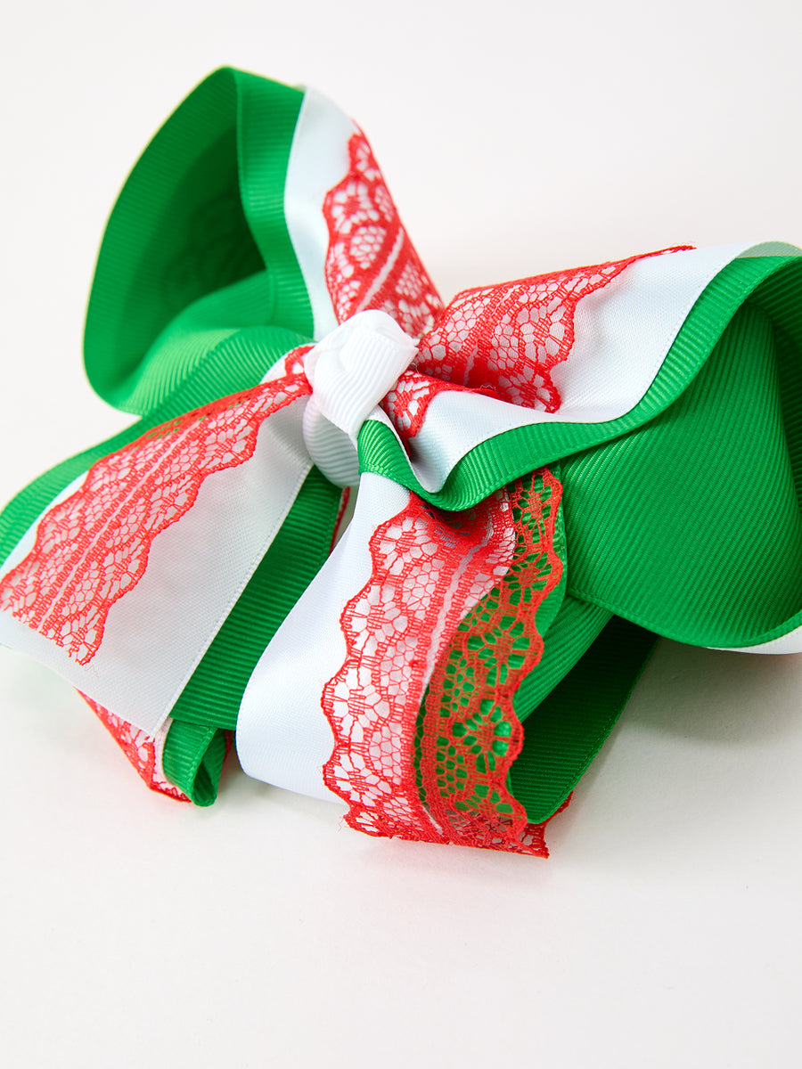 Christmas Red Lace Green Layered Bow Hair Clip 6.3 Inches