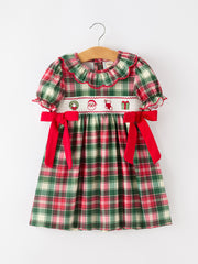 Christmas Girls Plaid Smocked Ruffle Collar Bow Dress