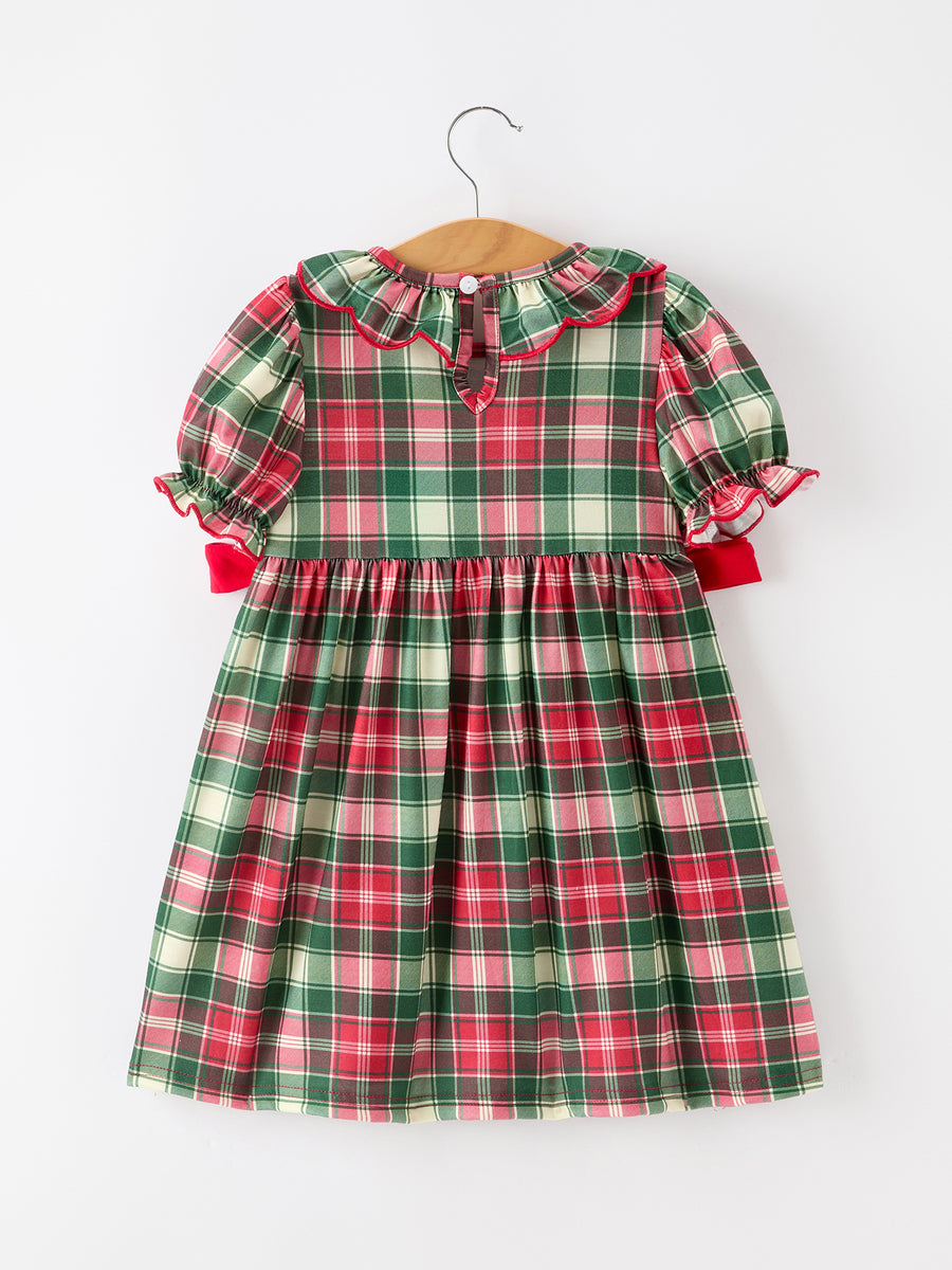 Christmas Girls Plaid Smocked Ruffle Collar Bow Dress
