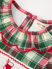 Christmas Girls Plaid Smocked Ruffle Collar Bow Dress